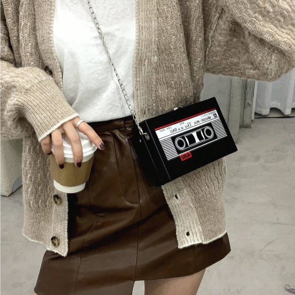 Retro Cassette Tape Crossbody Bag - Black